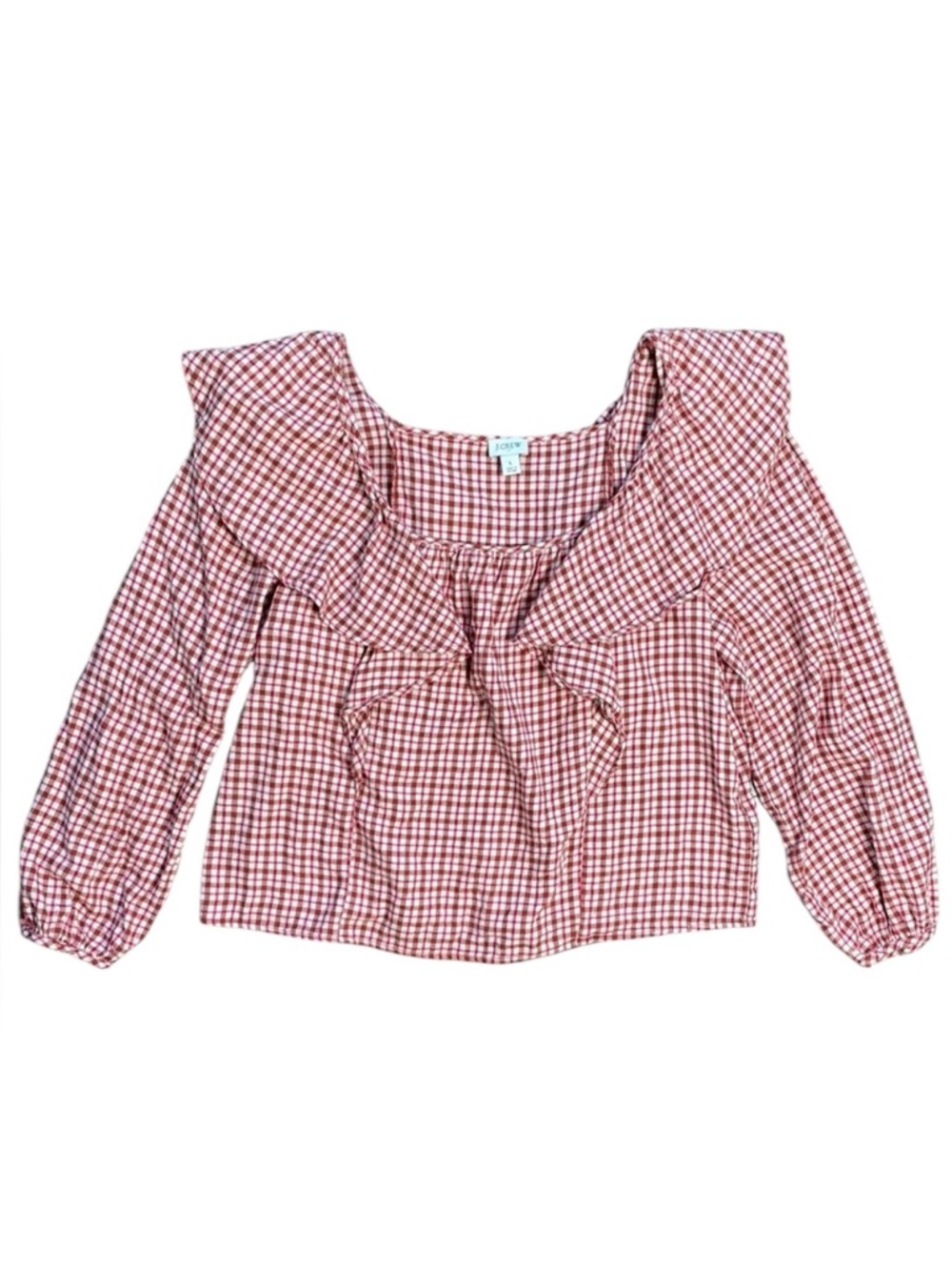J. Crew Women's Red Plaid Ruffle Long Sleeve Blouse Top Square Neck Size L